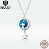 925 Sterling Silver Moon & Cat Star Necklace Blue Enamel Long Chain Link Necklace For Women Fashion Jewelry