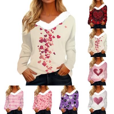 Женская футболка с длинным рукавом с принтом на День святого Валентина, V-образным вырезом, повседневная, свободного кроя