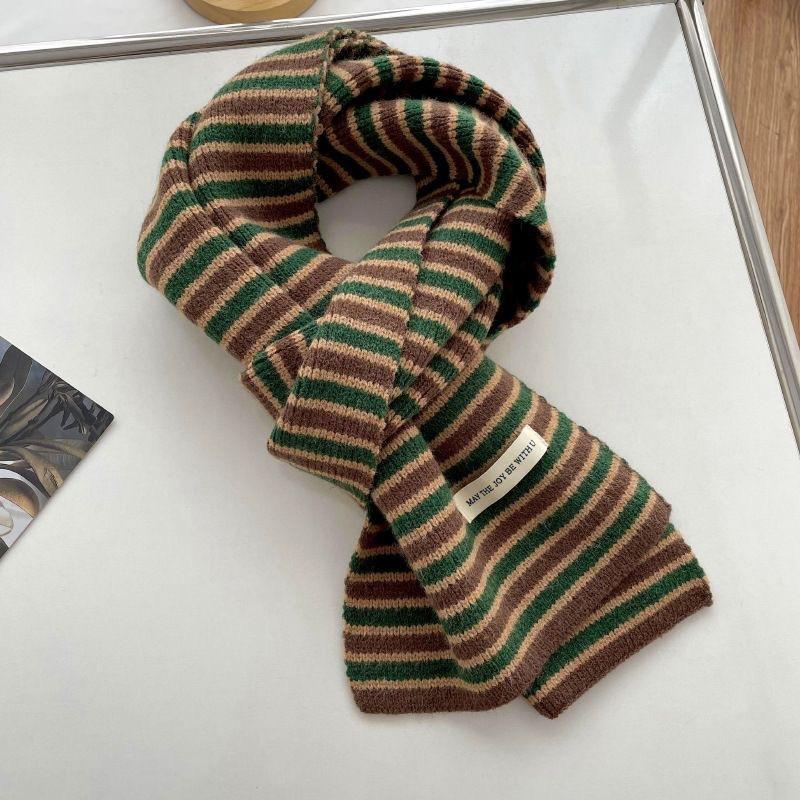 New Striped Knitted Scarf for Women In Winter High End Versatile and Cute Woolen Small Scarf Men's Neck Protector Warm Korean Version
