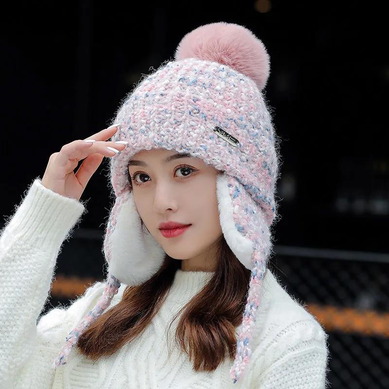 Шерстяная шапка женская зимняя, теплая и для отдыха, плюс бархатные толстые наушники. Милая и универсальная морозостойкая вязаная шапка для езды на велосипеде Lei Feng.