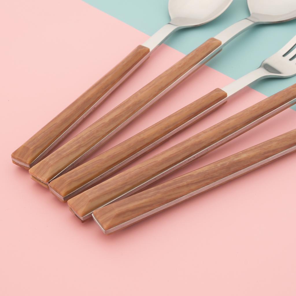 24Pcs Imitation Wooden Handle Cutlery Set Knife Dessert Fork Coffee Spoon Dinnerware Set Gold Kitchen Tableware Stainless Steel Flatware