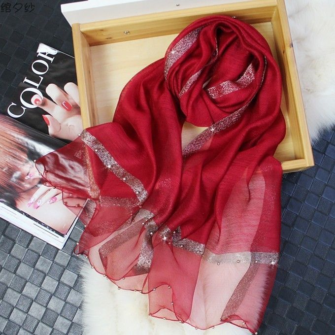 Новый шарф для женщин, тонкий, с бисером, однотонный, шаль, шарф из марли с золотой нитью, персонализированный, шарф из искусственного шелка, весна и осень
