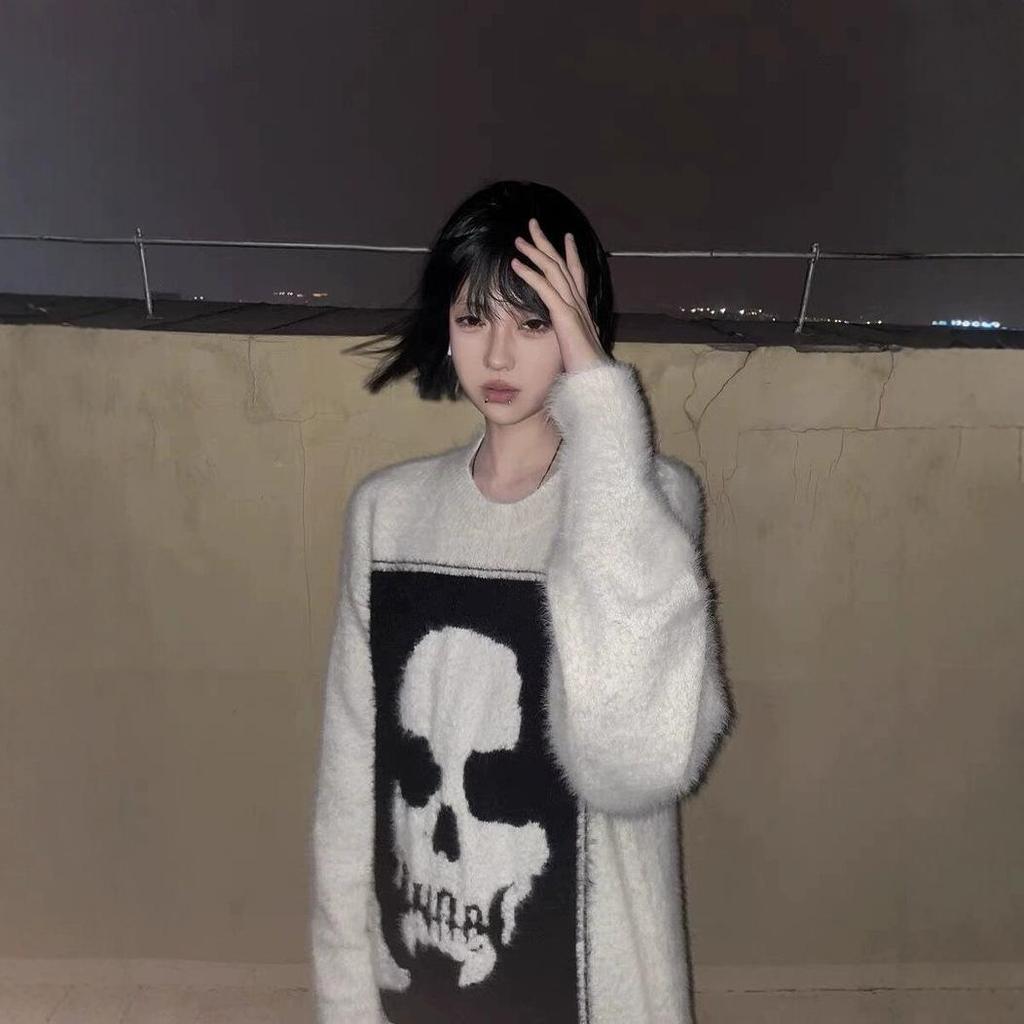 Унисекс Американский Ретро Панк Свитер с Черепом - Толстая Вязка Уличный Стиль для Осени и Зимы