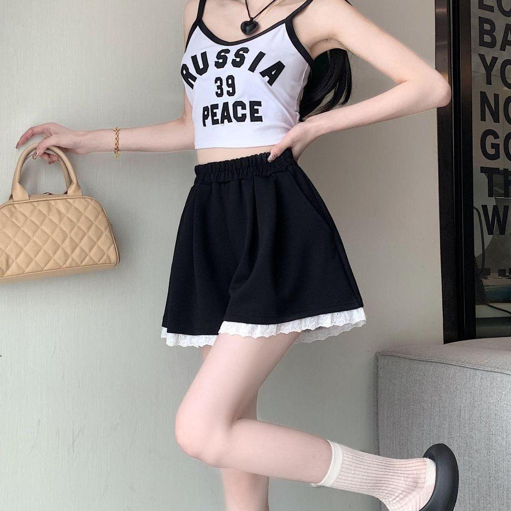 Женские модные корейские шорты с высокой талией и кружевной отделкой