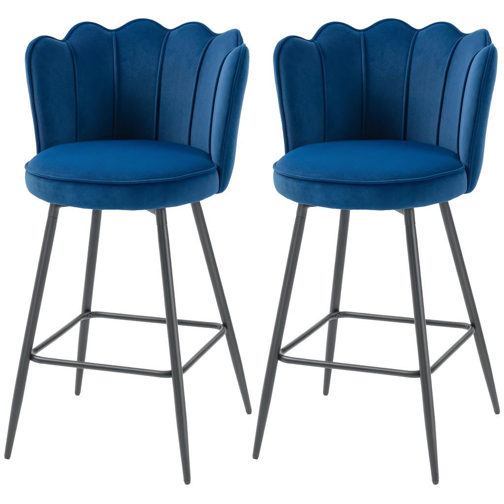 Set of Two Velvet-Feel Lotus Bar Stools - Dark Blue