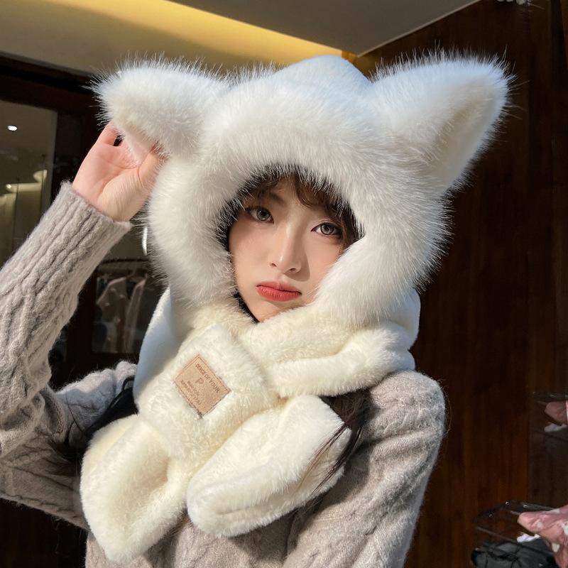 Plush thermal hat children winter cute little fox thickened ear protector pullover hat scarf integrated cycling cold hat