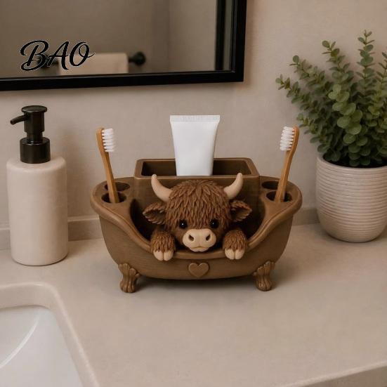 Cute Animal Theme Home Decor 3D Printed Bathtub Highland Cow Toothbrush Holder for Bathroom Countertop, Counter Organizer Kids And Toothpaste