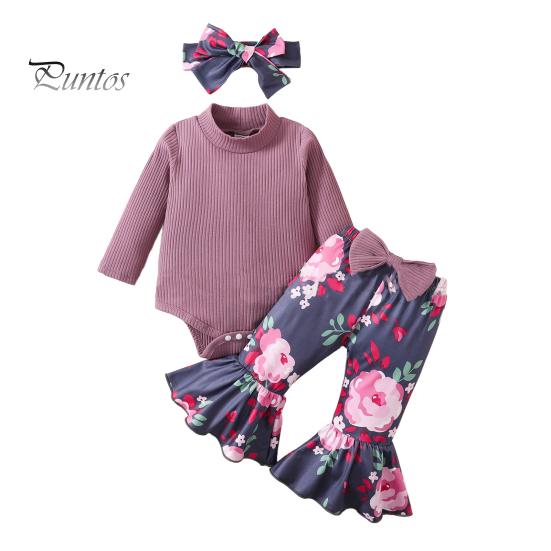 3 шт./комплект детский топ брюки повязка на голову костюм для 0-24 месяцев цветочный принт расклешенные брюки высокий воротник трикотажный боди бант повязка на голову фото реквизит