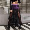 Women Maxi Skirt Dark Style See-through Embroidery Flower Lace Long Skirt Elastic High Waist A-Line Sexy