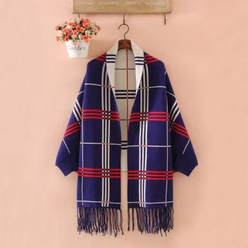 Autumn and Winter Swearer Shawl Dual Purpose Checkered Knitted Sleeve Coat for Women Thickened Tassel Bat Sleeve Cloak