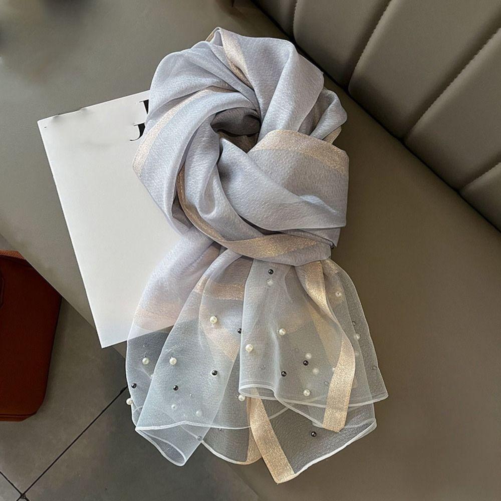 90x90cm Luxury Silk Scarf Pearl Beach Shawl Women Pearl Scarf