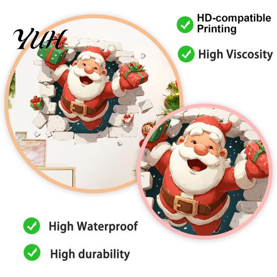 Seasonal Wall Art 3D Santa Claus Christmas Decals, Break Through Reindeer Party Supplies Window Stickers, Removable Winter Holiday Decorations