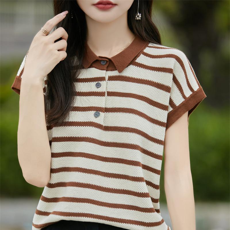 POLO Collar Pure Cotton Knitted Short-sleeved Women's Summer Fashion Versatile Striped T-shirt Sweat-absorbing Base Shirt Top