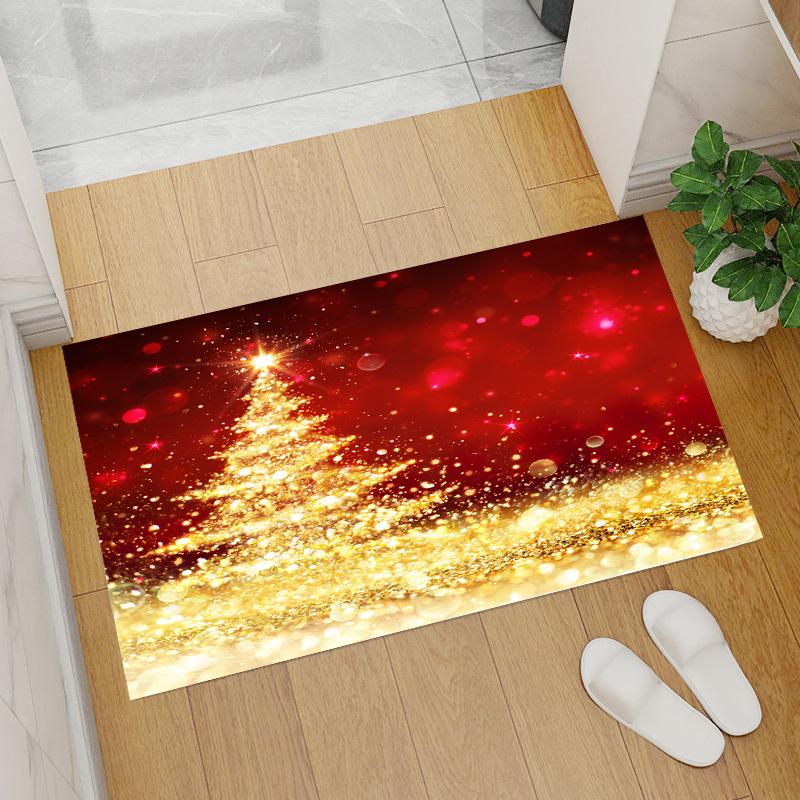 Red Coral Fleece Christmas Floor Mat with Santa Claus and Tree Design