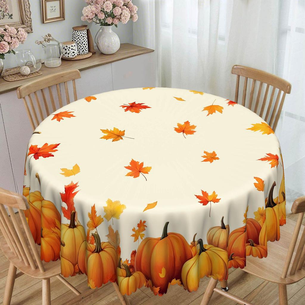 1 Piece, Thanksgiving Tablecloth, Autumn Harvest Pumpkin And Maple Leaf Design, Rectangular Round, Polyester Fabric