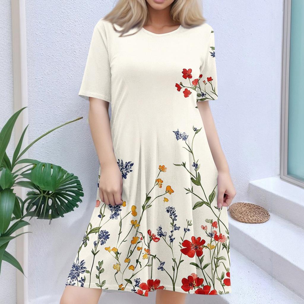 Women's Fashionable Print Round Neck Loose Short Sleeved Pocket Pullover Dress