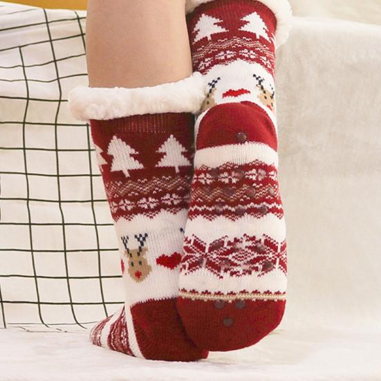 1 Pair Winter Floor Socks Thickened Fuzzy Plush Warmth Retention Christmas Elk Snowflake Print Leg Warmer Silicone Bottom Fall Winter Floor Socks