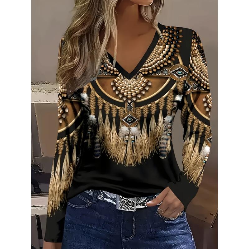 Футболка с длинным рукавом и V-образным вырезом с племенным принтом — повседневная базовая модель на весну и осень, женская одежда, удобный и универсальный топ для повседневной носки