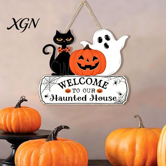 Fall Porch Decorations Halloween Wood Welcome Door Sign, Pumpkin Ghost Black Cat Hanging Decor for Rustic Farmhouse Wall Front Door, Art Indoor