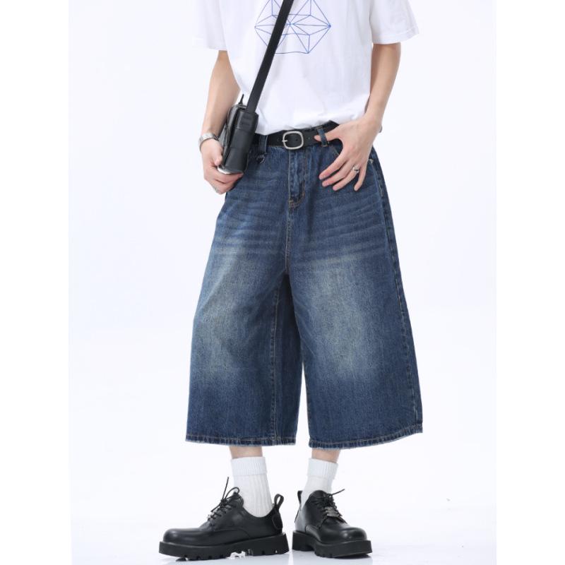 Retro Washed Distressed Wide Leg 7/8 Jeans - Unisex High Street Loose and Straight Mid-Length Shorts for Spring/Summer.