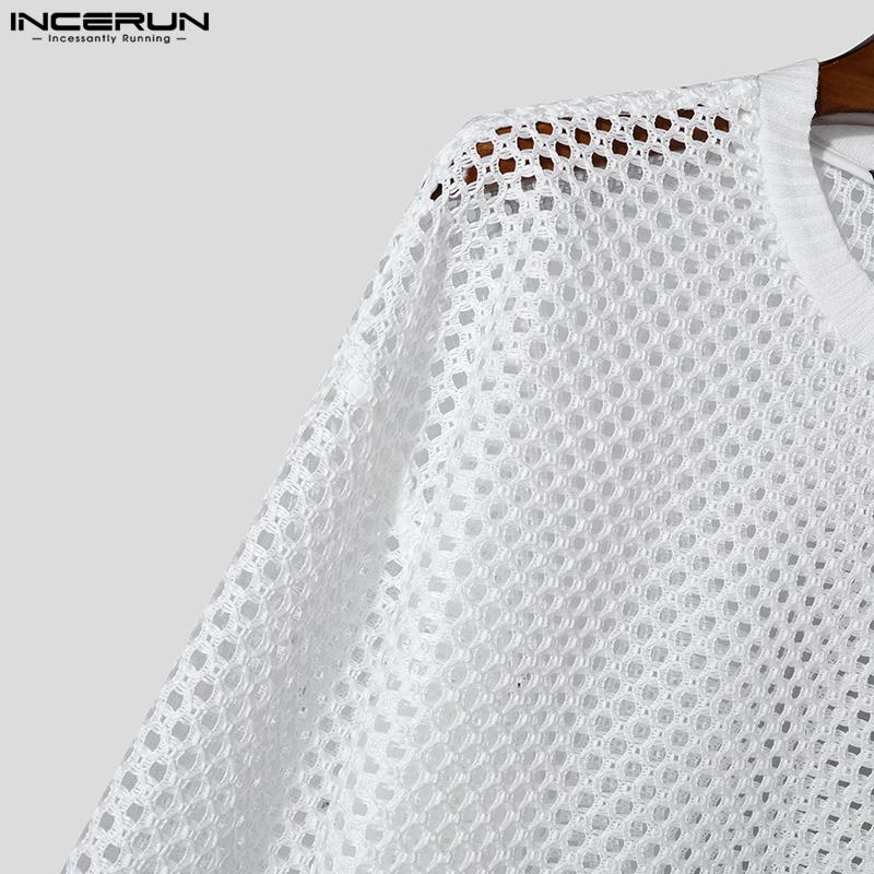 INCERUN Мужские однотонные сетчатые футболки с длинным рукавом и открытыми топами