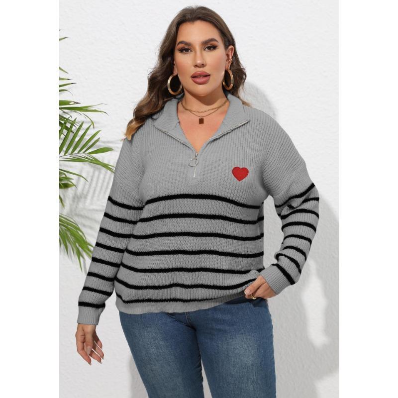 Женский осенне-зимний свитер большого размера в полоску в стиле пэчворк с полувысоким воротом на молнии