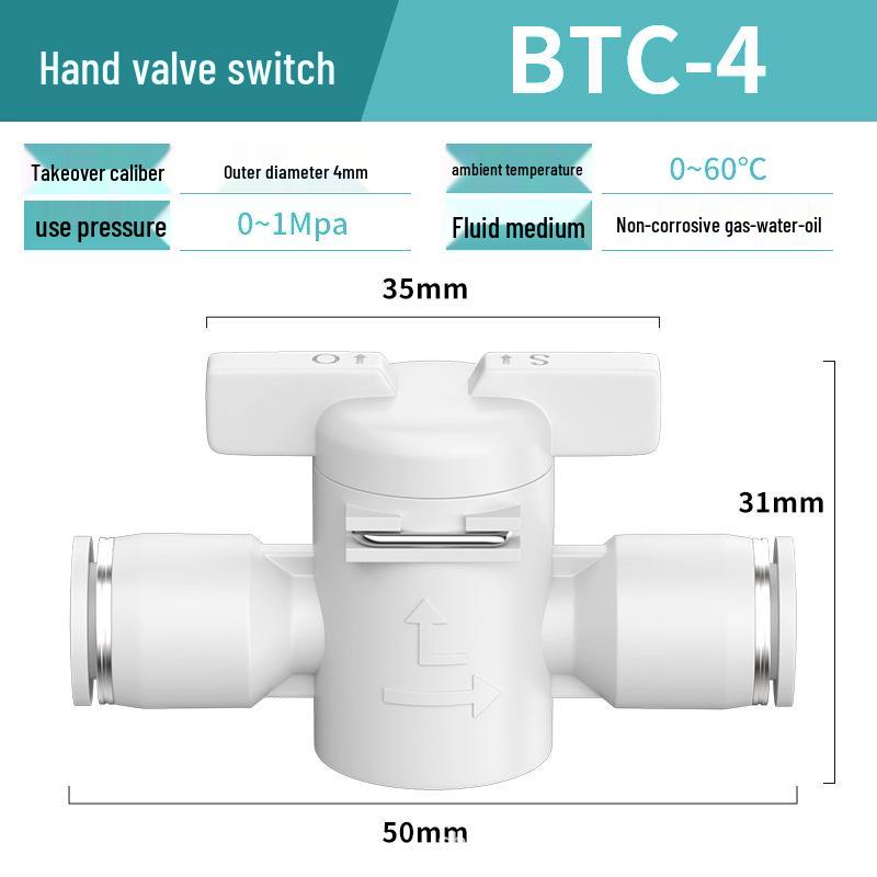 Zhuoji Pneumatic BUC-6-10 Hand Valve with 8mm Tubing, 12mm Straight-Through Air Valve, Quick-Connect Fittings.