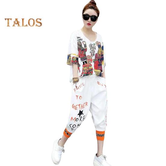 Женская футболка, комплект из 2 шт./компл., комплект брюк в стиле хип-хоп с принтом и V-образным вырезом, топ с короткими рукавами, укороченные брюки с ремешками на щиколотке, уличная одежда, дорожная повседневная одежда