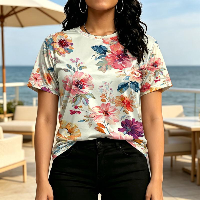 Women's Minimalist Colorful Floral Basic Crew Neck T-Shirt,Soft Loose Short Sleeve for Summer,Versatile Daily Casual,Outing & Home Wear