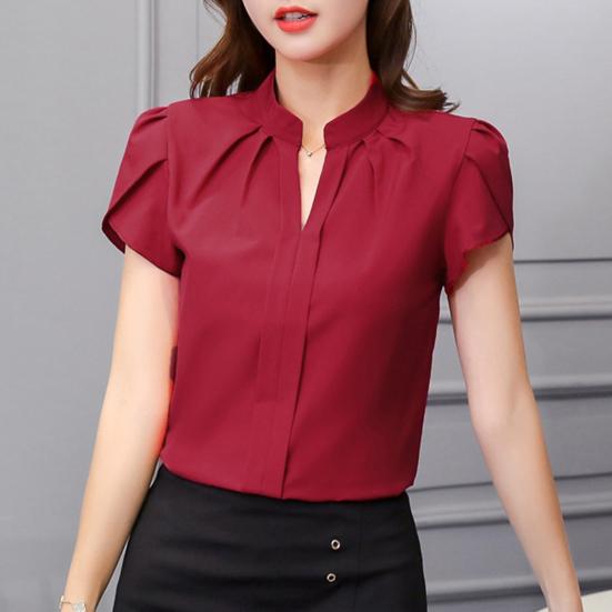 Летняя шифоновая рубашка с v-образным вырезом и лепестками, короткий однотонный пуловер с рукавами, топы с воротником-стойкой, тонкая женская блузка