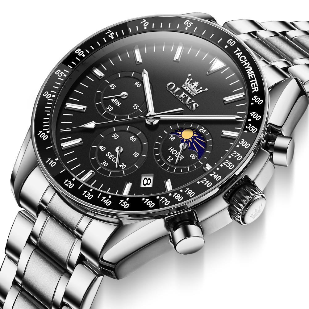 Мужские кварцевые часы с тремя глазами и фазами Луны, водонепроницаемые, светящиеся, с календарем, подходят для повседневного бизнеса