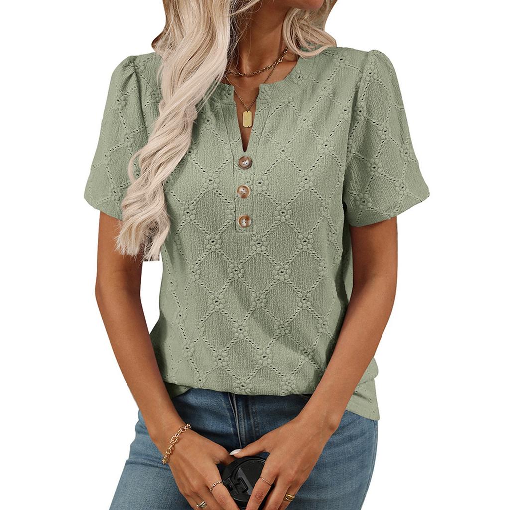 Женская модная однотонная футболка с круглым вырезом и коротким рукавом на пуговицах