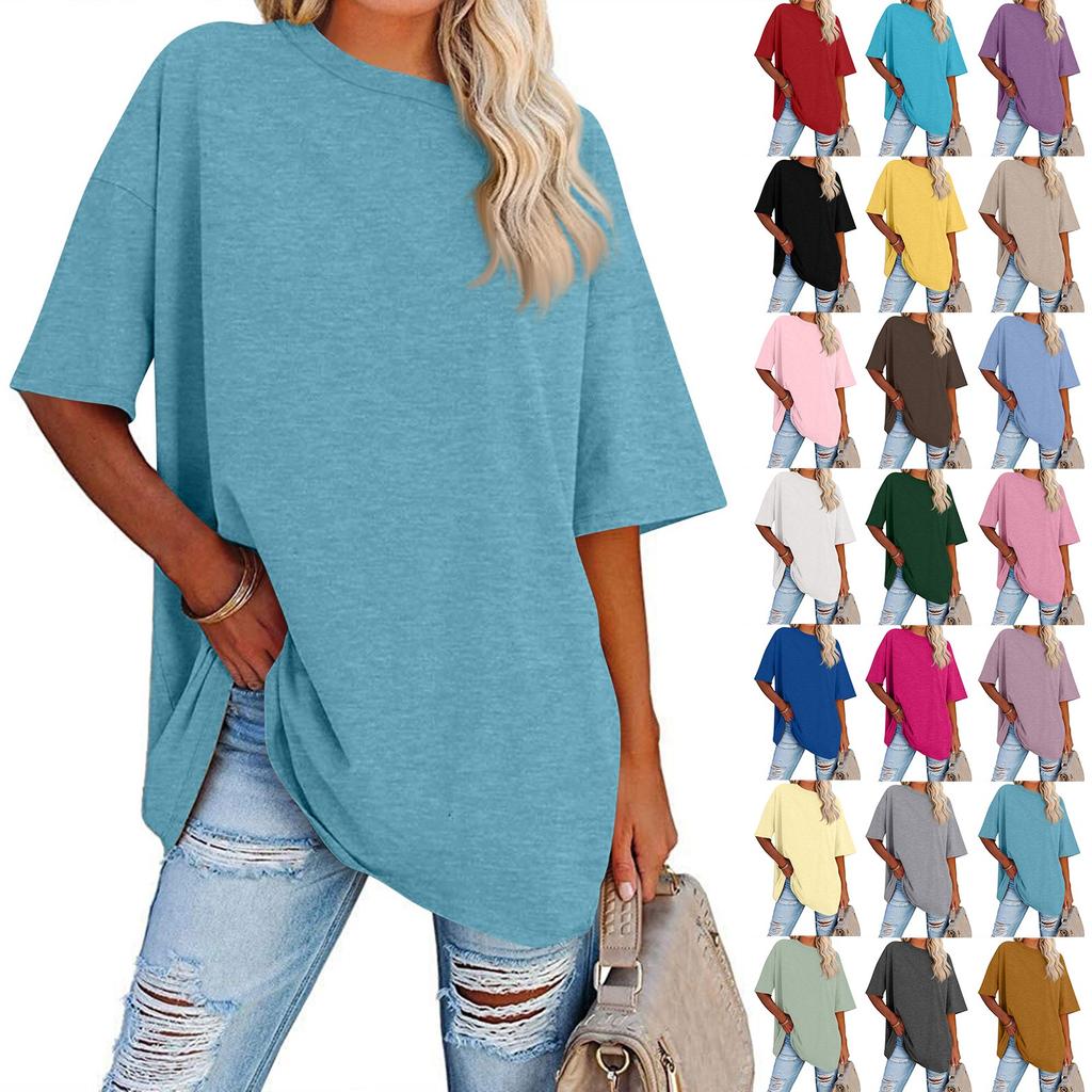 Womens' Fashionable And Casual Solid-color Basic Round-neck Short-sleeved Top