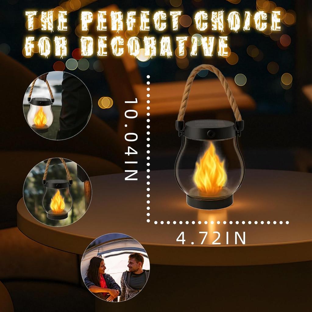 Solar Lantern Outdoor Lights, with Dancing Flame, Waterproof Hemp Rope Hanging Flickering Solar Lights Outdoor with Dual Charging Modes of