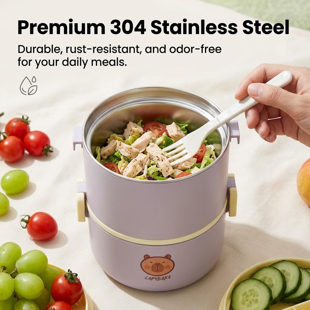 Kawaii 304 Stainless Steel Lunch Box Leakproof Thermal Bento Box Microwavable Food Container with Handle for Kids School Adults