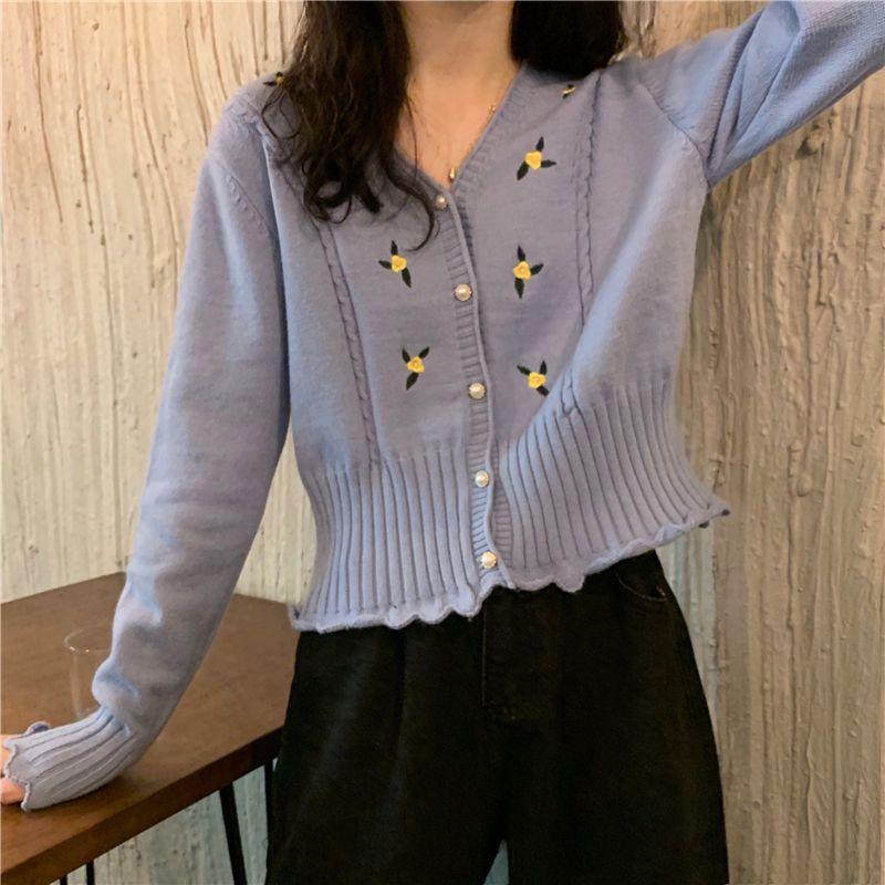 Женский весенний вязаный кардиган в корейском стиле с цветочной вышивкой, универсальный свитер с V-образным вырезом, базовый слой, топ с длинным рукавом