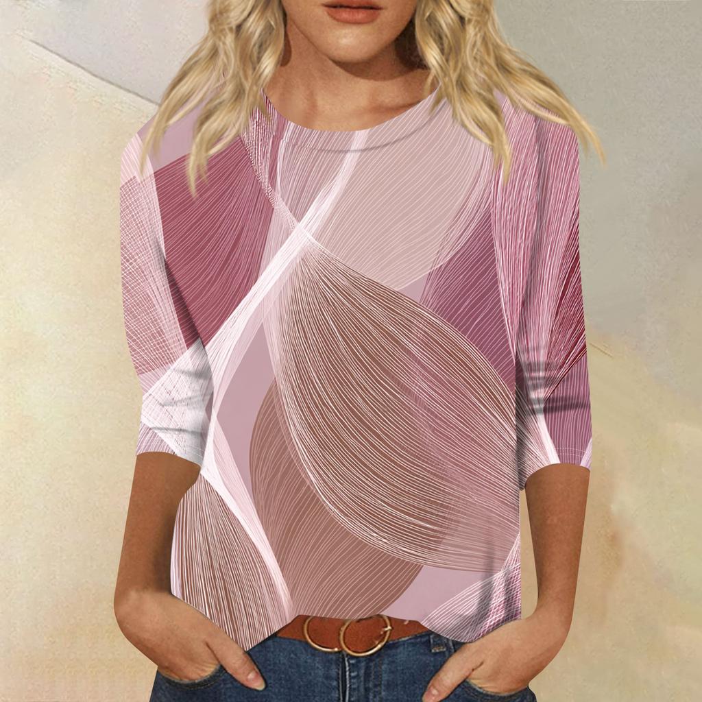 Женская модная повседневная футболка с круглым вырезом, рукавом три четверти и градиентным принтом