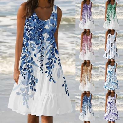 Женские платья-жилеты Лето-весна Плиссированные богемные платья Симпатичные струящиеся пляжные платья без рукавов Прямая футболка Платья-майки Платья с круглым вырезом