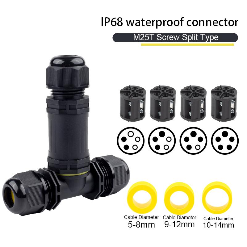 IP68 M25 3 Way T Shape Outdoor Junction Box 2/3/4/5 Pin Screw Splicing Terminal for Led Light Gardon Waterproof Wire Connector
