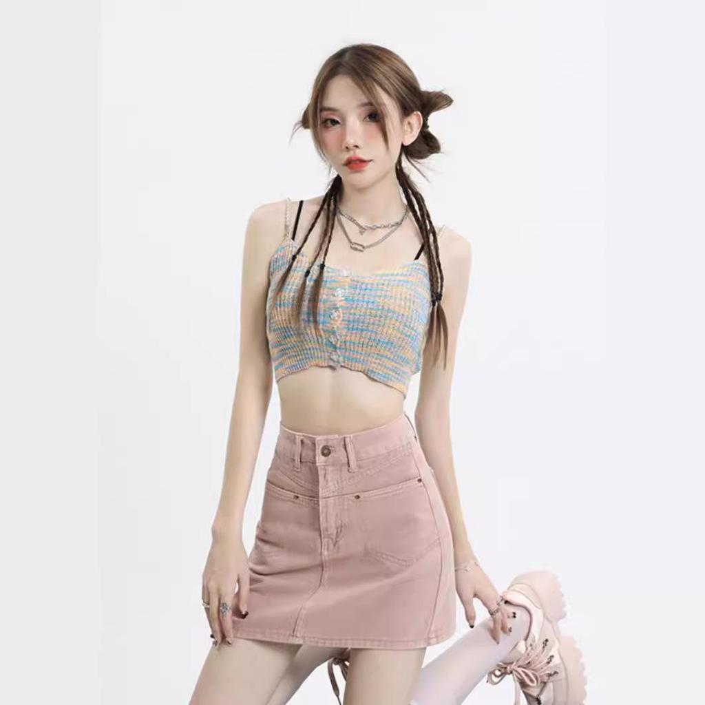 Women's Summer Dirty Pink High Waist Denim A-Line Skirt - Slim Fit, Anti-Exposure, Non-Elastic.