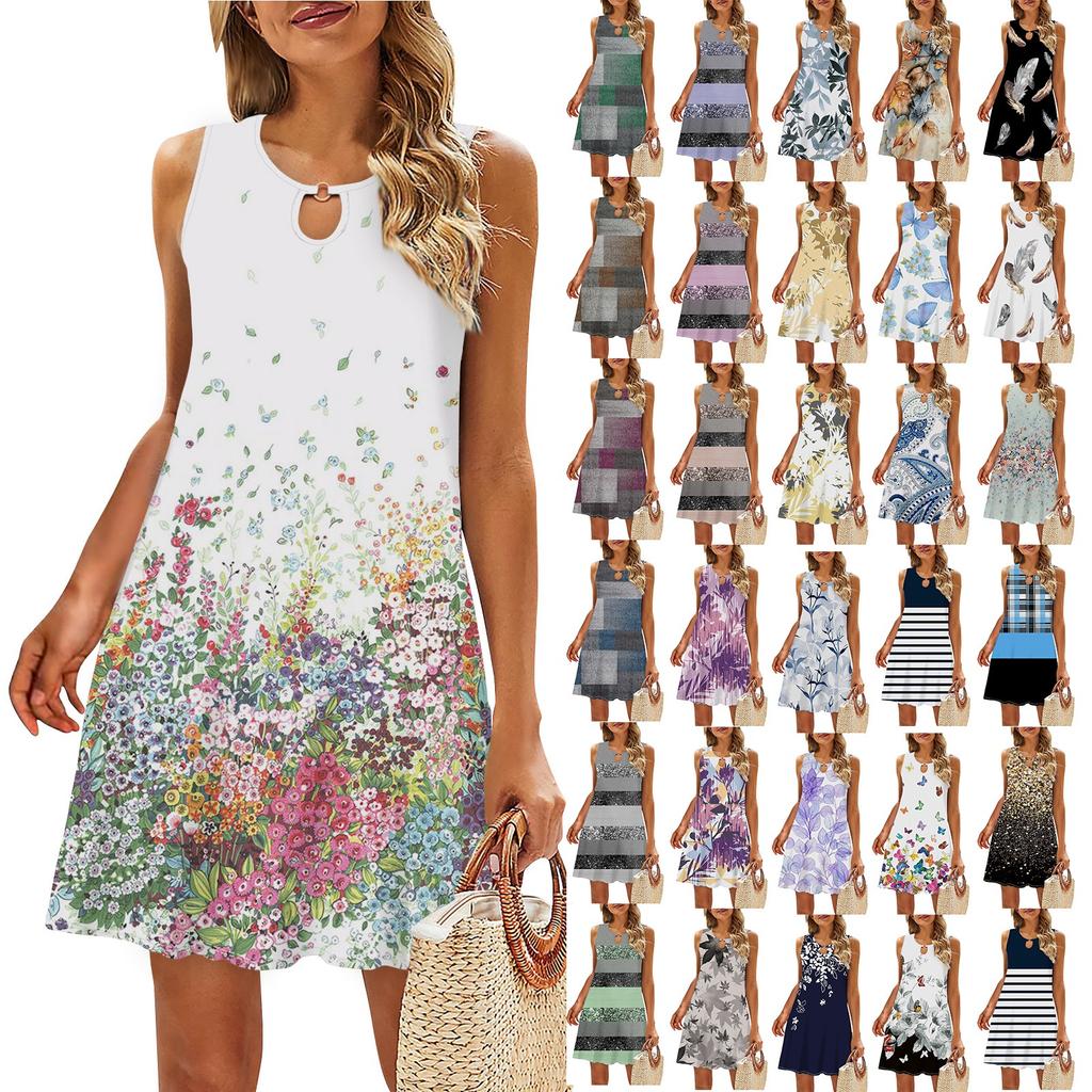 Женское повседневное летнее платье без рукавов с принтом, свободное пляжное платье с вырезами