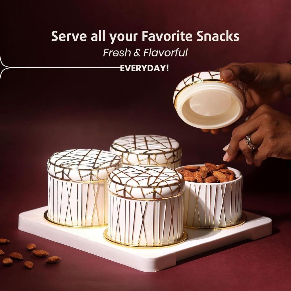 Набор герметичных контейнеров для сухофруктов Royal Linex - 4 штуки (по 450 мл каждый), Миски для закусок с подносом, Классический белый, Поднос для сервировки с мисками для закусок