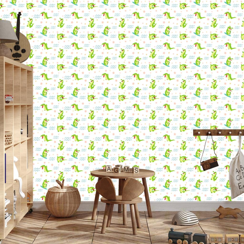 Crocodile Wallpaper in White, Lime, Cream and Mint for Living Room and Bedroom 50x1000