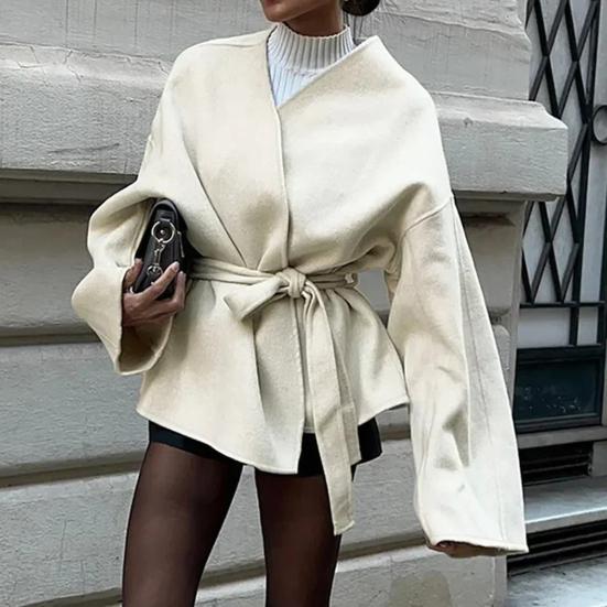 Женское шерстяное пальто Толстое Свободное Короткое Тренч с Поясом Пальто Пикот Куртка Зимнее Теплое Пальто