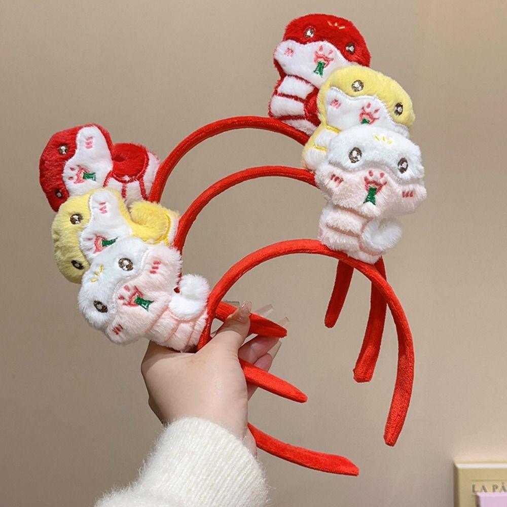 Red Hairband 2025 Happy New Year Headband Hairpin Plush Snake Year Headband New Year Dress Up