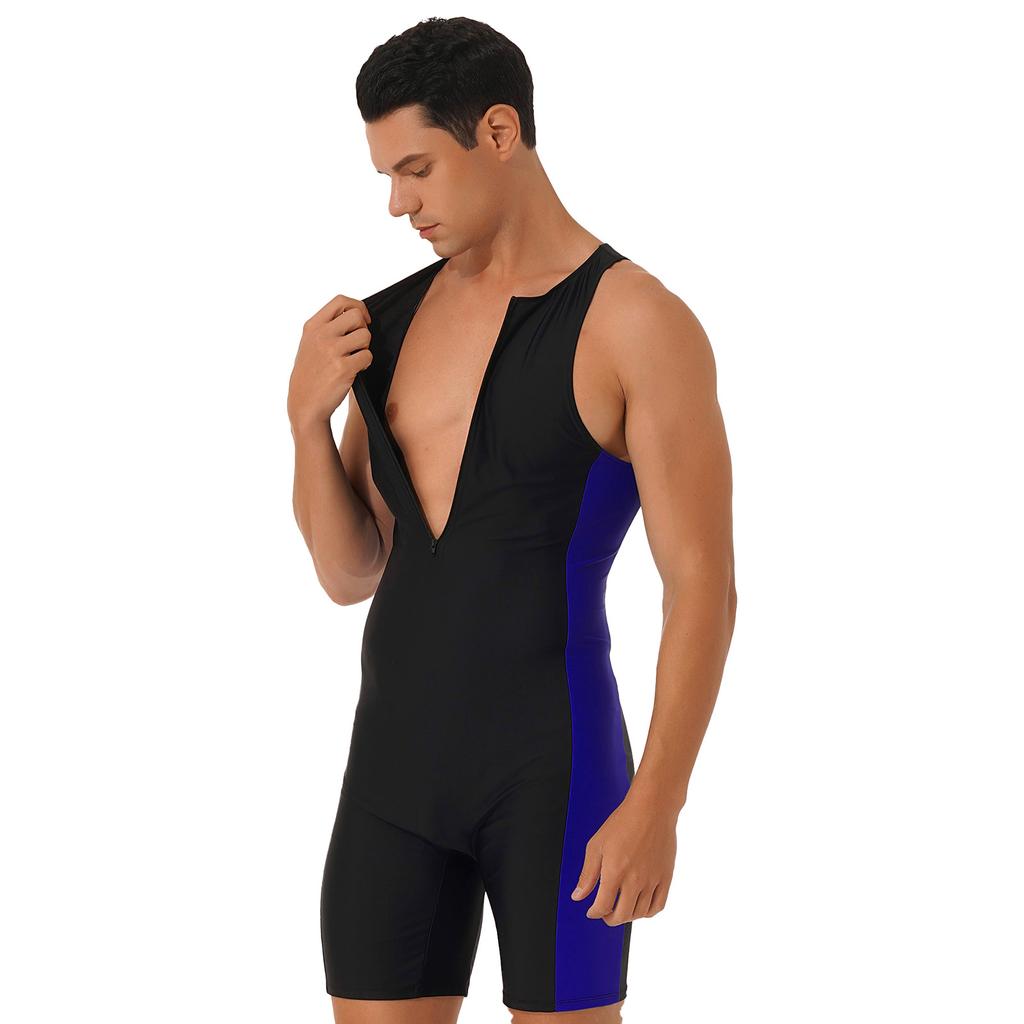 Men One-piece Swimwear Sleeveless Front Zipper Shorts Bodysuit Wetsuit for Beach Pool Swimming Bathing