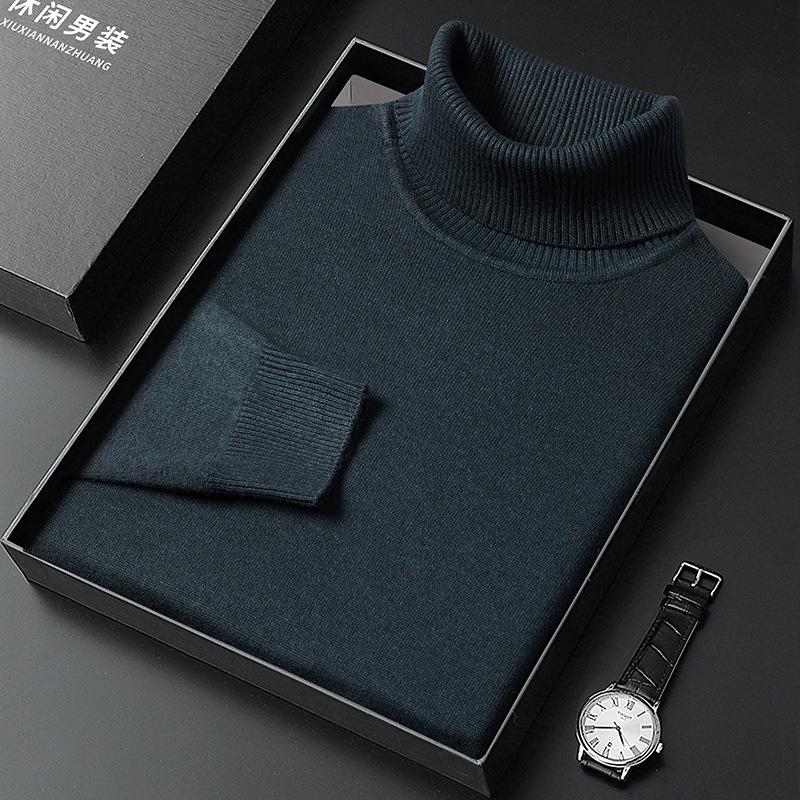 Мужской вязаный свитер с высоким воротником - Теплый однотонный пуловер для мужчин среднего и молодого возраста