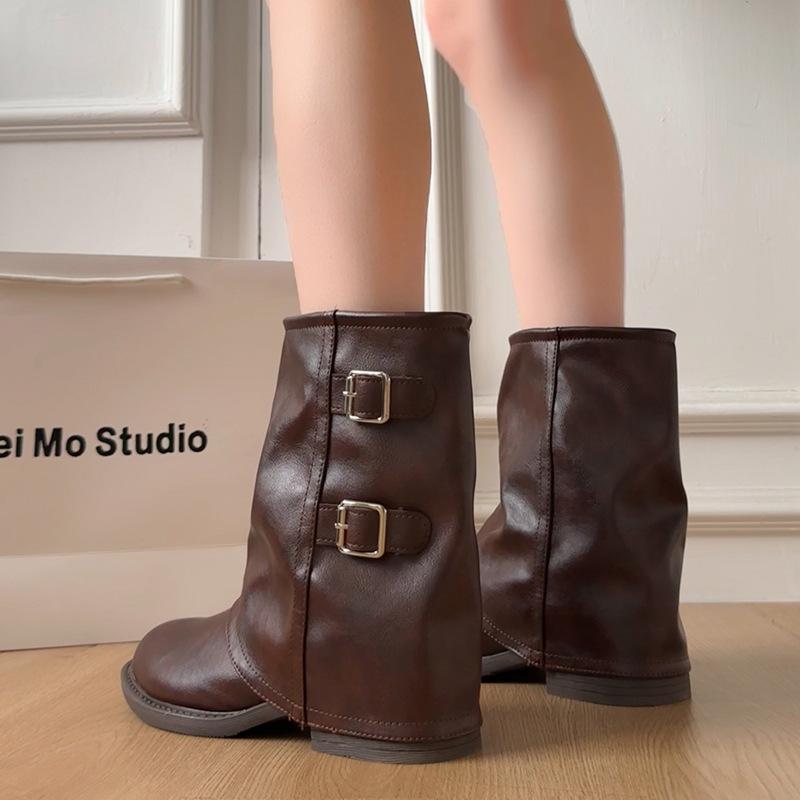 Design sense retro style thick-soled knight boots women's autumn and winter new height-increasing medium boots western cowboy short boots