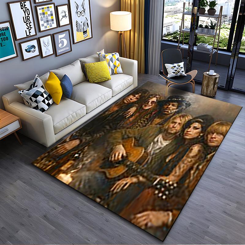 Rock Band Area Rug, Classic Rock Group Guitar Candle Group Portrait Vintage Print, Music Lover Man Cave Decor, Non-Slip Mat