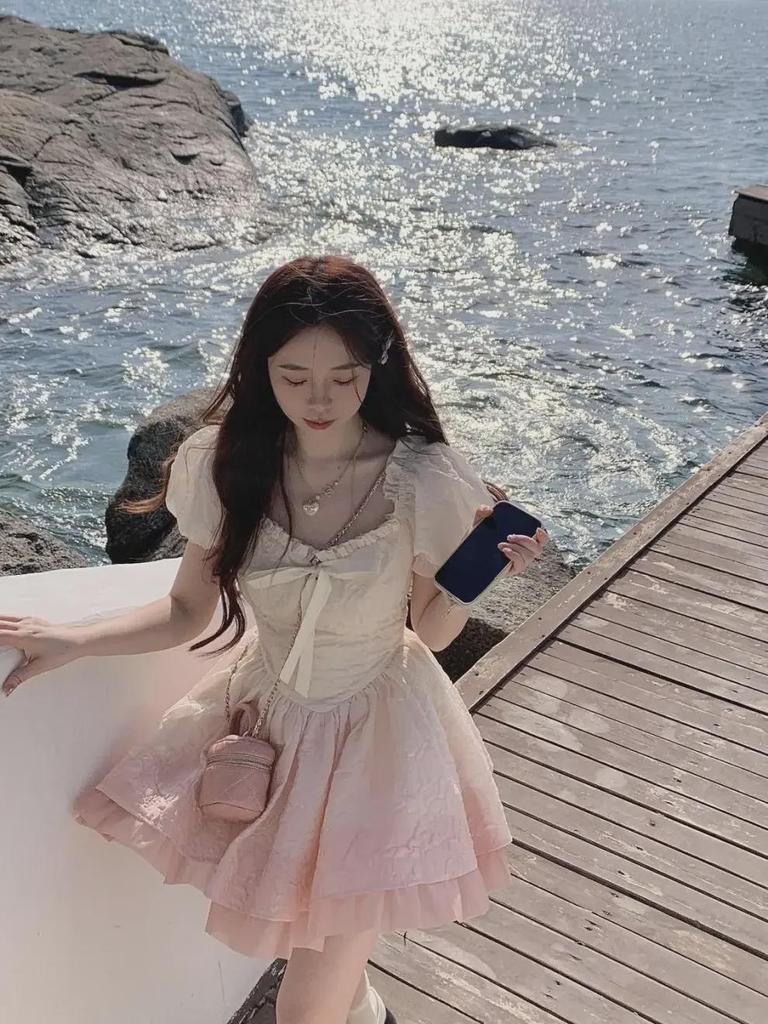 2025 Sweet Gradient Princess Puffy Dress - French Summer Style, Slim Waist